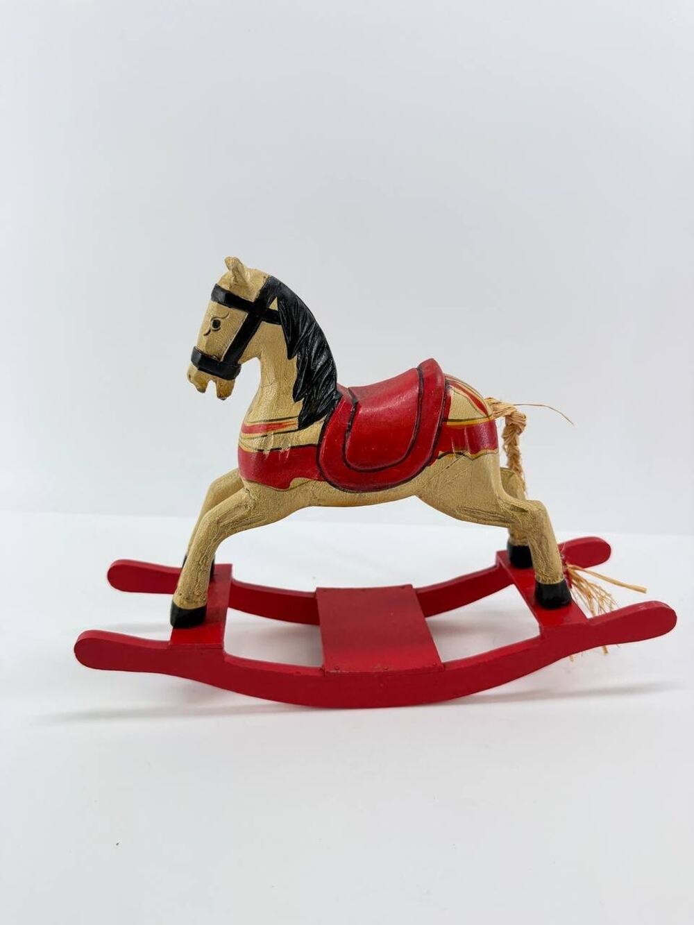 Vintage Wooden Rocking Horse Figurine Hand Painted Red Decor Christmas Display
